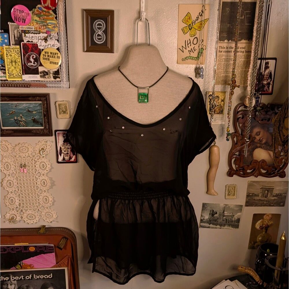 Rhinestone Sheer Flutter Sleeve Tunic Blouse Women's XL Black